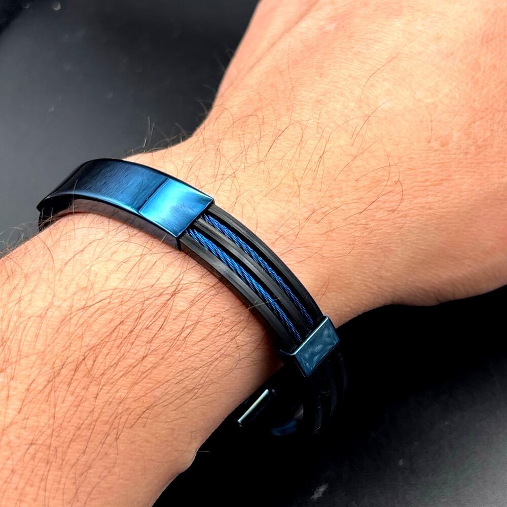 Blackjack BJB251BL Mens Blue Silicone Black Stainless Steel  Bangle ID Bracelet - Picture 17 of 17